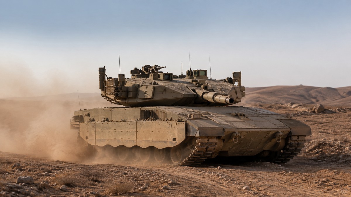 A modern Merkava main battle tank crossing a dry military training ground