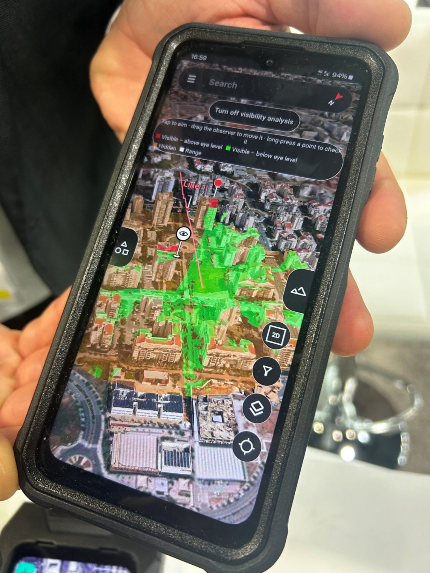 3D-Karte mit farblicher Kennzeichnung von sicheren Zonen und solchen mit Feindbedrohungen. (Foto: AF)